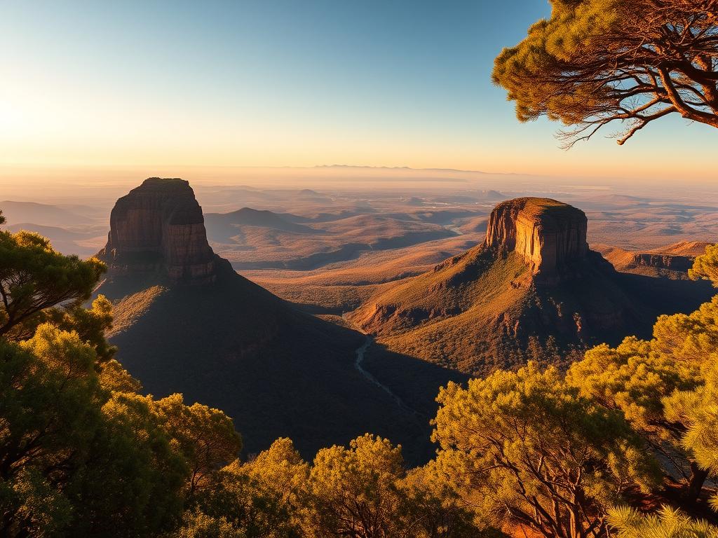 A breathtaking panoramic view of the Three Rondavels, a trio of distinctive quartzite rock formations, rising majestically above the Blyde River Canyon in the Mpumalanga province of South Africa. The scene is bathed in warm, golden sunlight, casting dramatic shadows that accentuate the rugged, sculptural forms of the rondavels. In the foreground, a lush, green forest canopy frames the view, while the middle ground features the sweeping, undulating landscape of the canyon. In the distance, the horizon is dotted with a range of distant mountains, creating a sense of depth and scale. The overall atmosphere is one of awe-inspiring natural beauty, inviting the viewer to immerse themselves in the grandeur of this breathtaking South African landscape. A breathtaking panoramic view of the Three Rondavels, a trio of distinctive quartzite rock formations, rising majestically above the Blyde River Canyon in the Mpumalanga province of South Africa. The scene is bathed in warm, golden sunlight, casting dramatic shadows that accentuate the rugged, sculptural forms of the rondavels. In the foreground, a lush, green forest canopy frames the view, while the middle ground features the sweeping, undulating landscape of the canyon. In the distance, the horizon is dotted with a range of distant mountains, creating a sense of depth and scale. The overall atmosphere is one of awe-inspiring natural beauty, inviting the viewer to immerse themselves in the grandeur of this breathtaking South African landscape.