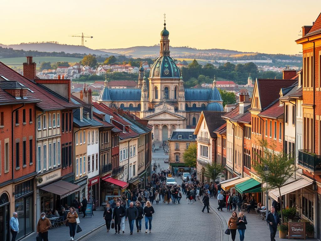 A bustling Stadtansicht with a picturesque skyline of historical buildings, their timeless facades bathed in warm, golden-hour lighting. In the foreground, cobblestone streets teem with locals and tourists strolling past charming cafes and boutiques, creating a lively, pedestrian-friendly atmosphere. The middle ground features the iconic spires and domes of a magnificent cathedral, its architectural details rendered in crisp, high-resolution detail. In the background, rolling hills and lush greenery frame the scene, conveying a sense of the city's harmonious integration with its natural surroundings. The overall mood is one of cultural richness, architectural splendor, and vibrant urban life.