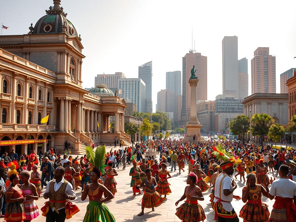 A bustling city square in Harare, the vibrant capital of Zimbabwe. In the foreground, a lively cultural performance unfolds, with traditional dancers and musicians adorned in colorful, intricate costumes. The middle ground features grand colonial-era buildings and monuments, their detailed architecture reflecting the city's rich history. In the background, the skyline is dominated by the towering silhouettes of modern skyscrapers, symbolizing Harare's blend of old and new. Warm, golden sunlight filters through the scene, creating a sense of energy and vitality. The overall atmosphere captures the essence of Harare's thriving cultural heritage. A bustling city square in Harare, the vibrant capital of Zimbabwe. In the foreground, a lively cultural performance unfolds, with traditional dancers and musicians adorned in colorful, intricate costumes. The middle ground features grand colonial-era buildings and monuments, their detailed architecture reflecting the city's rich history. In the background, the skyline is dominated by the towering silhouettes of modern skyscrapers, symbolizing Harare's blend of old and new. Warm, golden sunlight filters through the scene, creating a sense of energy and vitality. The overall atmosphere captures the essence of Harare's thriving cultural heritage.
