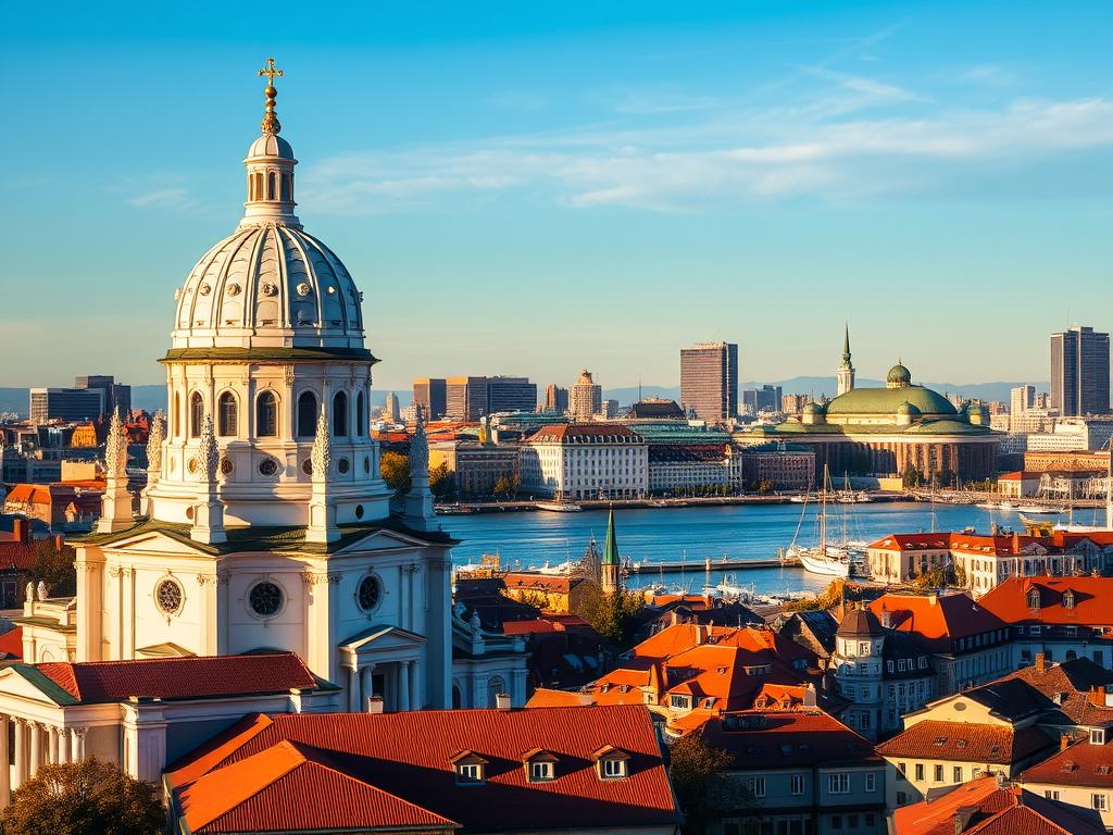 A bustling cityscape of Helsinki, Finland's vibrant capital, showcasing its iconic landmarks and architecture. In the foreground, the striking white-domed façade of the Helsinki Cathedral, its intricate neo-classical design casting dramatic shadows under the warm, golden sun. In the middle ground, the serene harbor and its bustling waterfront, with traditional red-roofed buildings lining the shores. In the background, the imposing silhouette of the Helsinki City Hall and the modern glass-and-steel skyscrapers, reflecting the city's blend of historic charm and contemporary elegance. The scene is captured through a wide-angle lens, providing a sweeping panoramic view that captures the vibrant energy and scenic beauty of this Northern European capital.