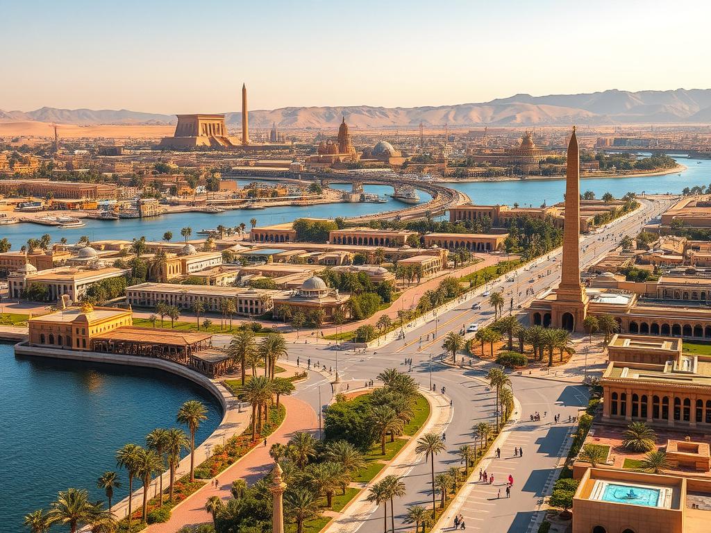 A bustling modern city situated along the Nile River, Luxor showcases a harmonious blend of ancient wonders and contemporary infrastructure designed to accommodate a thriving tourism industry. In the foreground, a grand, well-maintained promenade lines the riverbank, dotted with luxurious hotels, high-end restaurants, and upscale shopping centers. The middle ground reveals a network of wide, tree-lined boulevards and state-of-the-art public transportation systems, facilitating the seamless movement of visitors between historical sites and leisure attractions. In the background, the iconic silhouettes of towering ancient temples and monumental obelisks pierce the clear, azure sky, serving as a constant reminder of Luxor's rich cultural heritage. The scene is illuminated by warm, golden sunlight, creating a vibrant, welcoming atmosphere that invites travelers to immerse themselves in the unique fusion of past and present. A bustling modern city situated along the Nile River, Luxor showcases a harmonious blend of ancient wonders and contemporary infrastructure designed to accommodate a thriving tourism industry. In the foreground, a grand, well-maintained promenade lines the riverbank, dotted with luxurious hotels, high-end restaurants, and upscale shopping centers. The middle ground reveals a network of wide, tree-lined boulevards and state-of-the-art public transportation systems, facilitating the seamless movement of visitors between historical sites and leisure attractions. In the background, the iconic silhouettes of towering ancient temples and monumental obelisks pierce the clear, azure sky, serving as a constant reminder of Luxor's rich cultural heritage. The scene is illuminated by warm, golden sunlight, creating a vibrant, welcoming atmosphere that invites travelers to immerse themselves in the unique fusion of past and present.