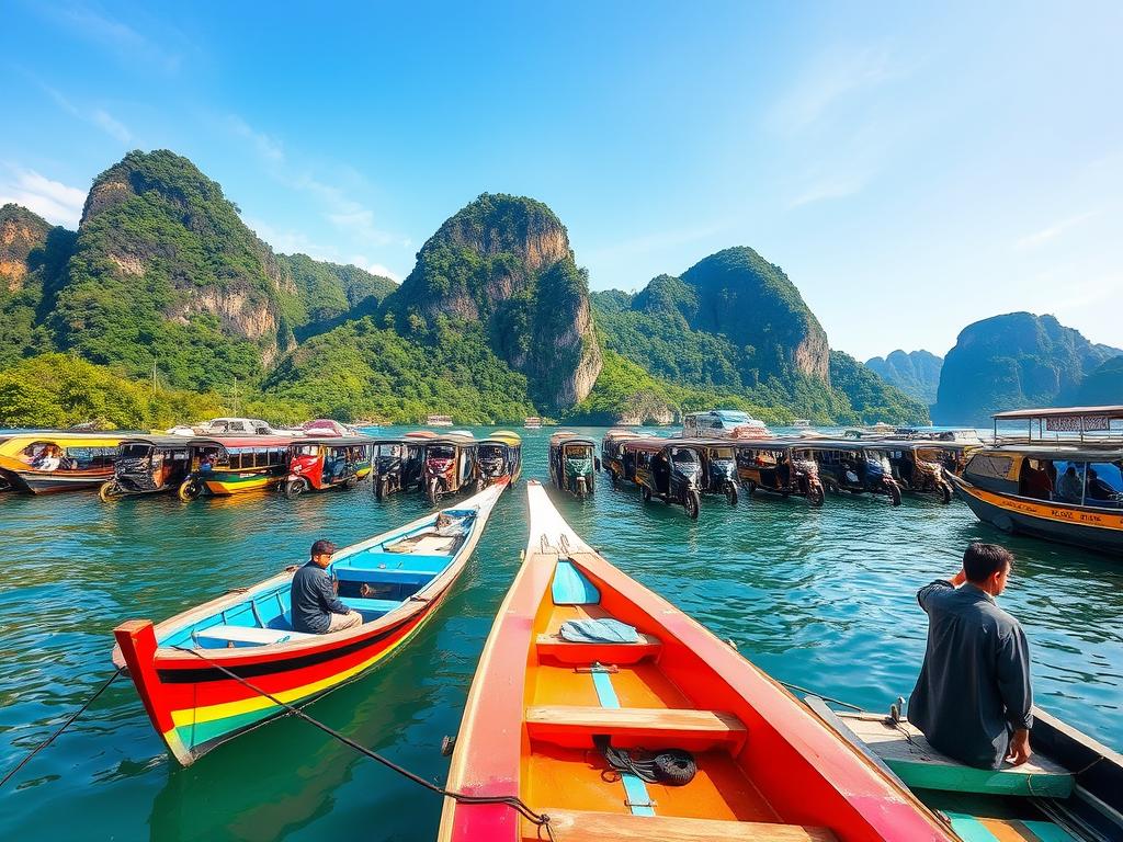 A bustling port city in southern Thailand, Ao Nang serves as the gateway to the stunning Andaman Sea. The prompt depicts the arrival experience, showcasing the vibrant local transportation options available to visitors. In the foreground, a colorful long-tail boat bobs gently in the calm waters, its driver ready to ferry passengers to the nearby islands. In the middle ground, a fleet of tuk-tuks and songthaews, the iconic Thai shared taxis, line the waterfront, their drivers eagerly awaiting new arrivals. The background reveals the lush, towering karst cliffs that define the Ao Nang skyline, bathed in the warm glow of the tropical sun. The scene evokes a sense of adventure and exploration, inviting the viewer to immerse themselves in the unique transportation experience that awaits in this picturesque Thai destination.