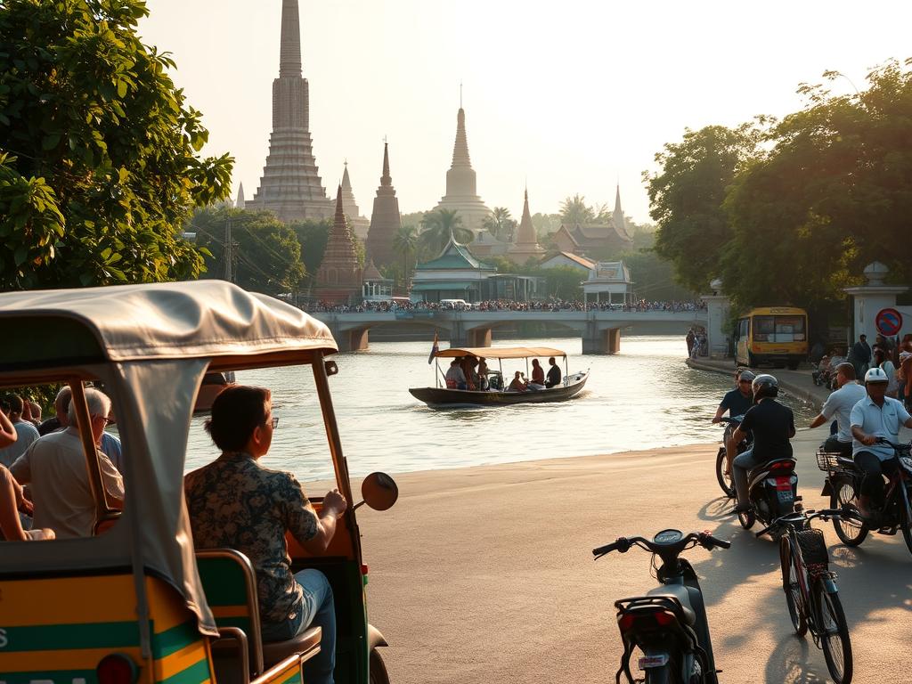 A bustling scene of diverse transportation modes in the historic city of Ayutthaya, Thailand. In the foreground, a colorful tuk-tuk navigates the narrow streets, its passenger gazing up at the towering spires of ancient temples. In the middle ground, a longtail boat glides along the tranquil waters of the Chao Phraya River, ferrying visitors to explore the island's remarkable ruins. Bicycles and motorbikes weave through the lively traffic, while in the background, the iconic silhouettes of Ayutthaya's iconic palaces and monasteries stand as timeless guardians of this heritage destination. Warm sunlight filters through the lush foliage, casting a golden glow over the scene and evoking the rich cultural tapestry of this captivating Thai city.