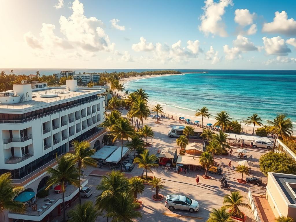A bustling seaside resort town in Cuba, Varadero's Península Hicacos showcases a harmonious blend of modernization and tourism development. In the foreground, a sleek, contemporary hotel complex with clean lines and glass facades rises against a backdrop of swaying palm trees. The middle ground features a lively promenade lined with open-air cafes, boutiques, and pedestrian walkways, bustling with visitors exploring the vibrant local culture. In the distance, the sparkling azure waters of the Caribbean Sea stretch out, inviting travelers to relax and soak in the tropical ambiance. Warm, diffused sunlight filters through wispy clouds, casting a golden glow over the scene and evoking a sense of tranquility and rejuvenation.