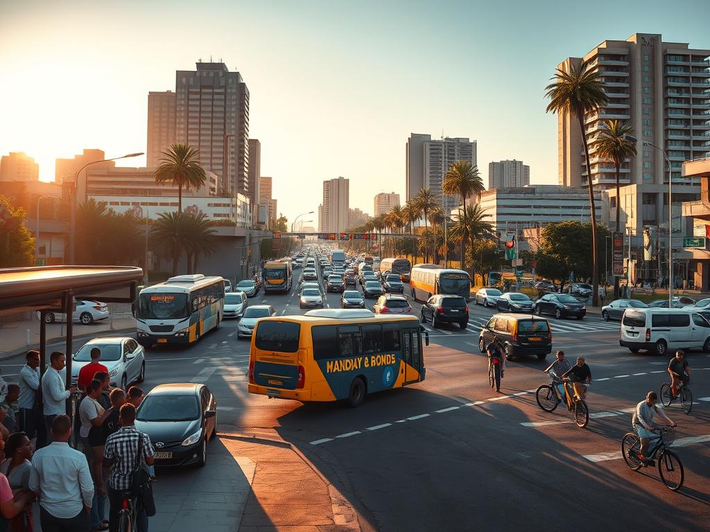 A busy urban intersection in a vibrant South African city, with diverse modes of transportation coexisting - cars, buses, minibuses, bicycles, and pedestrians navigating the busy streets. The scene is bathed in warm, golden afternoon light, casting long shadows. In the foreground, a group of commuters wait patiently at a bus stop, while in the middle ground, a minibus taxi weaves through traffic. In the background, high-rise buildings and palm trees frame the dynamic cityscape. The overall atmosphere conveys a sense of bustling activity and energy, yet with an underlying sense of order and efficiency in the transportation network.