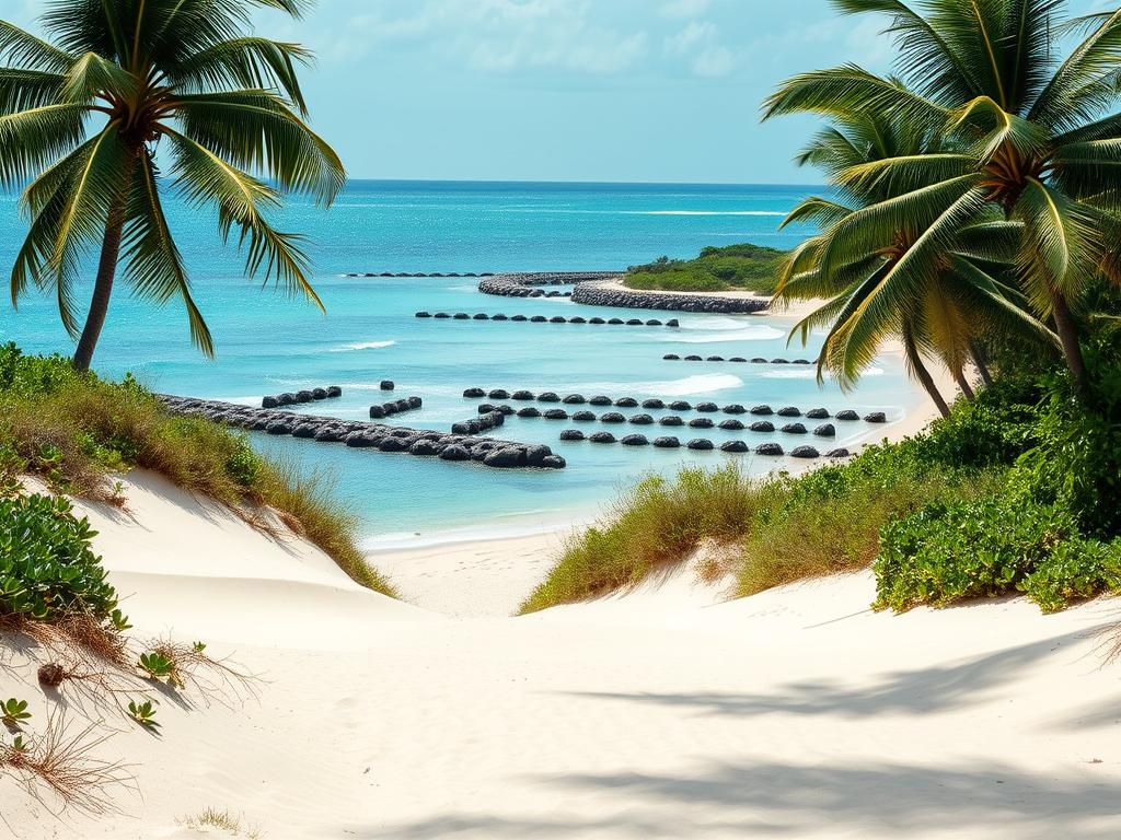 A coastal landscape with a lush, sun-dappled beach. In the foreground, natural sand dunes and vegetation act as a buffer against the gently lapping waves. Farther inland, a network of strategically placed groins and breakwaters stabilize the shoreline, while providing habitats for diverse marine life. The background features a panoramic view of the sparkling turquoise waters of the Caribbean Sea, framed by swaying palm trees. Soft, diffused lighting illuminates the scene, creating a serene and tranquil atmosphere. The overall composition conveys a harmonious balance between natural and engineered coastal protection measures, showcasing sustainable approaches to beach restoration.