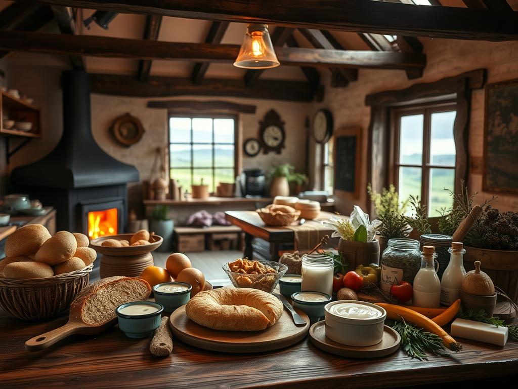 A cozy and inviting scene set in the heart of Northern Ireland, showcasing the region's rich culinary heritage. In the foreground, a wooden table is adorned with a variety of local dishes and ingredients, including freshly baked soda bread, creamy dairy products, and an assortment of seasonal produce. The middle ground features a warm, rustic kitchen interior with exposed beams and a crackling fireplace, casting a soft, golden glow. In the background, a window offers a glimpse of the lush, rolling green hills and scenic vistas that characterize the Northern Irish countryside. The overall atmosphere evokes a sense of homely comfort, tradition, and a deep connection to the land and its bountiful resources.