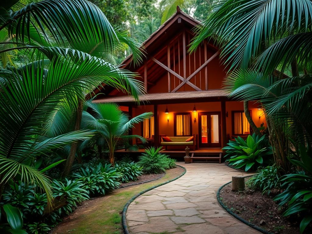 A cozy and rustic lodge nestled within the lush, verdant foliage of Taman Negara National Park. The building features a warm, earthy tone with wooden beams and a thatched roof, blending seamlessly into the surrounding jungle landscape. A winding path leads to the entrance, flanked by vibrant tropical plants and gently swaying palm fronds. Soft, diffused lighting emanates from the windows, creating a welcoming and inviting atmosphere. The scene evokes a sense of tranquility and reconnection with nature, perfectly capturing the essence of a serene, off-the-grid accommodation in this Malaysian natural paradise.