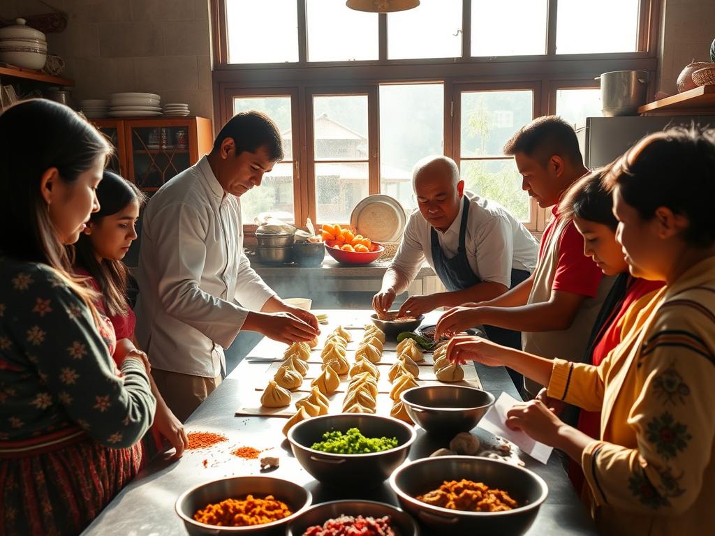 A cozy kitchen in the picturesque town of Dhulikhel, Nepal. Sunlight streams through large windows, illuminating the table where a group of eager students gathers around a seasoned chef, learning the art of creating authentic momos. Fragrant spices fill the air as the chef demonstrates the intricate folding techniques, guiding nimble hands to shape the delicate dumplings. In the background, a vibrant display of local produce and traditional cookware sets the scene for an immersive gastronomic experience. The atmosphere is warm and inviting, reflecting the rich culinary heritage of this Nepali community. A cozy kitchen in the picturesque town of Dhulikhel, Nepal. Sunlight streams through large windows, illuminating the table where a group of eager students gathers around a seasoned chef, learning the art of creating authentic momos. Fragrant spices fill the air as the chef demonstrates the intricate folding techniques, guiding nimble hands to shape the delicate dumplings. In the background, a vibrant display of local produce and traditional cookware sets the scene for an immersive gastronomic experience. The atmosphere is warm and inviting, reflecting the rich culinary heritage of this Nepali community.