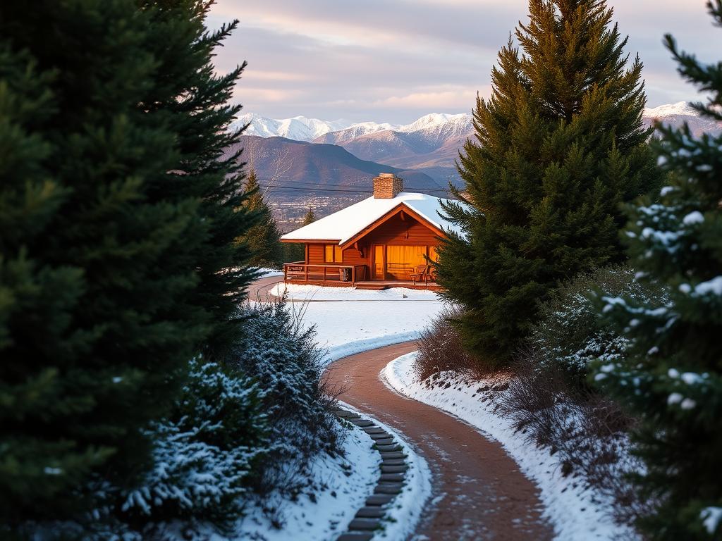 A cozy mountain cabin nestled among lush evergreen trees, with a warm golden glow emanating from its windows, inviting the viewer to imagine a peaceful, picturesque retreat. In the foreground, a path winds through the snow-dusted undergrowth, leading the eye towards the charming dwelling. The background features a panoramic vista of rolling hills, their peaks capped with pristine snow, creating a serene and wintry atmosphere. The overall scene evokes a sense of tranquility and the promise of a comfortable, well-appointed accommodation, perfect for planning an unforgettable journey along the Garden Route.