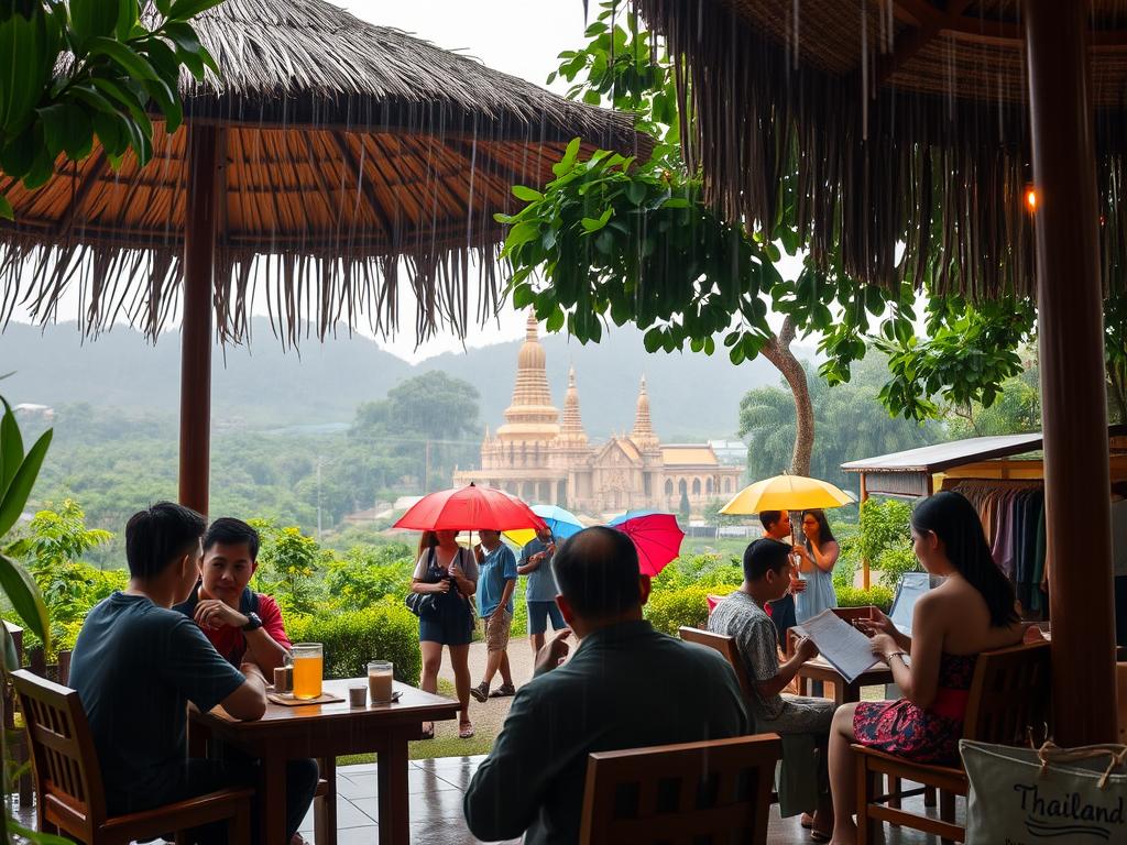 A cozy outdoor scene in a lush tropical setting, with people engaged in various activities amid a gentle downpour. In the foreground, a group of friends huddled under a thatched-roof gazebo, sipping warm beverages and playing traditional Thai board games. In the middle ground, a family exploring a local market, browsing colorful umbrellas and ponchos. In the background, a misty landscape of verdant foliage, with a glimpse of a temple's golden spires peeking through the rain. Soft, diffused lighting casts a warm, romantic glow, and the overall atmosphere is one of tranquility and resilience in the face of Thailand's renowned rainy season.