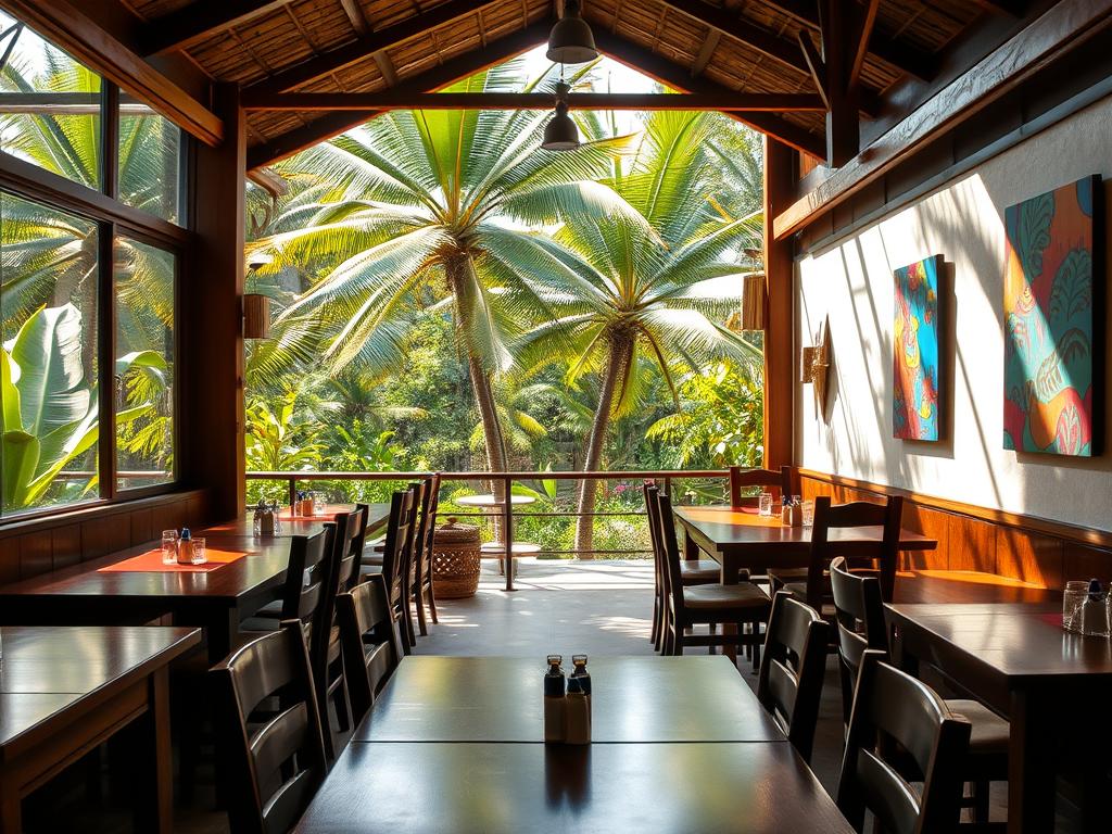 A cozy, rustic restaurant nestled amidst the lush, verdant landscape of Costa Rica's Santa Elena region. Sunlight streams through large windows, casting a warm glow on the polished wooden tables and chairs. The aroma of sizzling seafood and fragrant local spices fills the air, inviting diners to savor the flavors of the region. In the background, a verdant canopy of towering palm trees and tropical foliage creates a serene, natural backdrop. Vibrant splashes of color from vibrant local artwork adorn the walls, adding to the inviting ambiance. Wooden beams and a thatched roof lend an authentic, charming atmosphere, transporting guests to the heart of Costa Rican cuisine and hospitality. A cozy, rustic restaurant nestled amidst the lush, verdant landscape of Costa Rica's Santa Elena region. Sunlight streams through large windows, casting a warm glow on the polished wooden tables and chairs. The aroma of sizzling seafood and fragrant local spices fills the air, inviting diners to savor the flavors of the region. In the background, a verdant canopy of towering palm trees and tropical foliage creates a serene, natural backdrop. Vibrant splashes of color from vibrant local artwork adorn the walls, adding to the inviting ambiance. Wooden beams and a thatched roof lend an authentic, charming atmosphere, transporting guests to the heart of Costa Rican cuisine and hospitality.