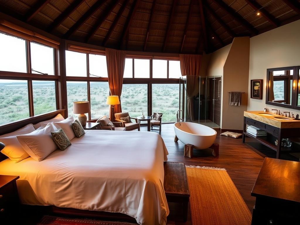 A cozy, welcoming interior of Mokuti Etosha Lodge in Namibia. The guest room features a plush king-sized bed with crisp white linens, accented by dark wood furniture and warm lighting. Large windows offer panoramic views of the surrounding savanna landscape. Handwoven textiles, local artwork, and natural stone elements create a serene, nature-inspired ambiance. The spacious en-suite bathroom boasts a freestanding bathtub, double vanity, and a glass-enclosed rainfall shower. Soft lighting casts a golden glow, evoking the tranquil atmosphere of this luxurious safari lodge.