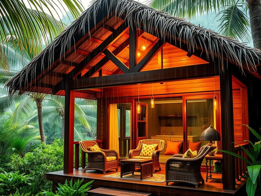 A cozy, well-appointed tropical bungalow nestled amidst lush greenery, its thatched roof sheltering guests from the gentle patter of rain. Warm, ambient lighting illuminates the inviting porch, where wicker furniture and colorful textiles beckon weary travelers to relax and unwind. In the background, a verdant landscape of palm trees sways in the breeze, creating a serene, tranquil atmosphere. Sunlight filters through the rain, casting a soft, golden glow over the scene. The bungalow's design seamlessly blends traditional Thai architecture with modern comforts, offering a haven of comfort and relaxation during the rainy season.