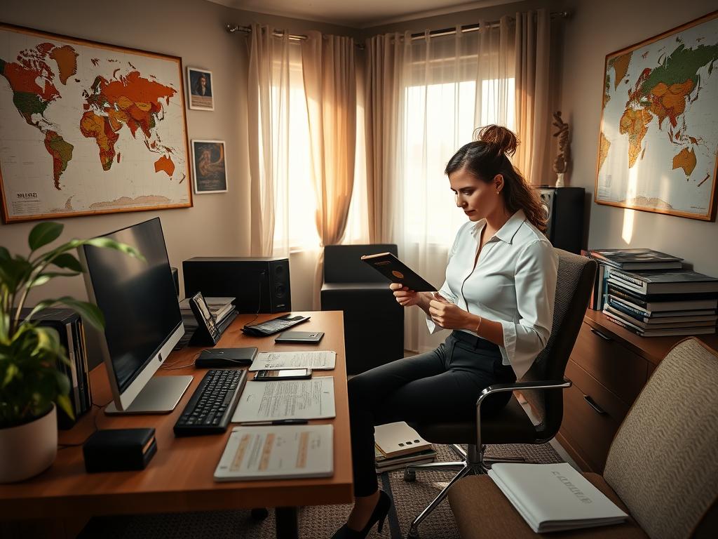 A cozy, well-lit home office with a desk, computer, and neatly organized travel documents. A world map and travel-themed wall decor add a sense of adventure. Natural light filters through sheer curtains, casting a warm, inviting glow. The scene exudes focus, preparation, and a touch of excitement for an upcoming solo journey to South Africa. A businesswoman in a crisp white blouse and black trousers sits at the desk, meticulously reviewing her passport, visa, and other travel essentials. The overall mood is one of diligent planning and eager anticipation for the adventure that lies ahead.