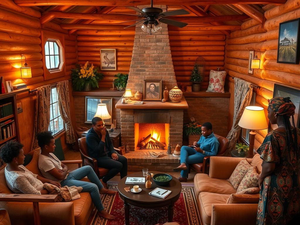 A cozy, well-lit hostel nestled in the heart of a vibrant South African town. Warm hues of wood and earth tones create a welcoming ambiance, with plush furnishings and inviting common areas. Guests gather around a central fireplace, sharing stories and advice on local adventures. Nearby, a bustling street market showcases the vibrant culture, with vendors offering handcrafted wares and delicious regional cuisine. The hostel's staff, dressed in traditional garb, greet travelers with friendly smiles, ready to share their insider tips on the best hidden gems and must-see attractions in the area. A sense of safety and community permeates the scene, making this the perfect home base for a solo female traveler exploring the wonders of South Africa.