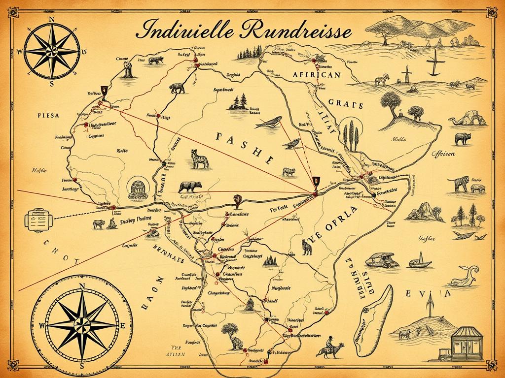 A detailed, hand-drawn map depicting an "Individuelle Rundreise" or personalized travel itinerary. The map is rendered in warm, earthy tones with a vintage aesthetic, conveying a sense of adventure and discovery. Prominent landmarks and points of interest are marked, connected by winding roads and trails. The foreground features a compass rose and scale, while the middle ground showcases the map's intricate geography, including mountains, rivers, and wildlife habitats. The background hints at the larger African continent, with silhouetted landscapes and subtle wildlife illustrations. The overall mood is one of thoughtful planning, personalized exploration, and a deep connection to the natural world.
