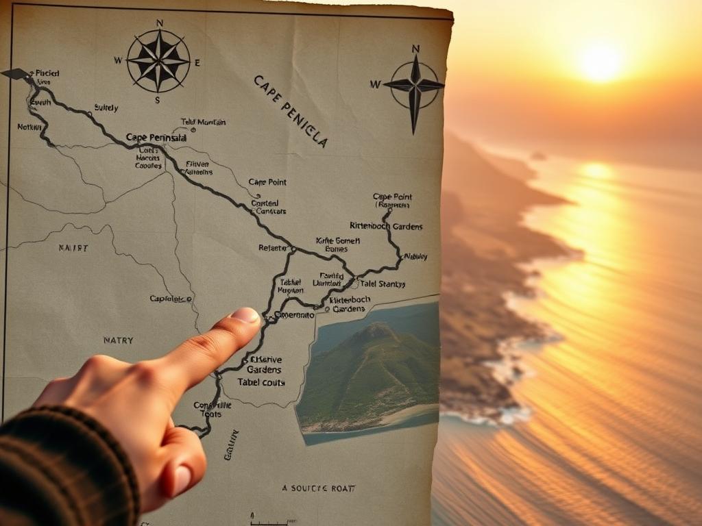 A detailed map of the Cape Peninsula in South Africa, depicting the scenic route for a day tour. The map is displayed on a worn, weathered paper background, with a compass rose, scale, and topographic features. In the foreground, a finger points to the route, tracing the winding coastal roads and highlighting key landmarks such as Table Mountain, Cape Point, and Kirstenbosch Botanical Gardens. The middle ground shows the varied landscapes of the peninsula, from rugged cliffs and rocky shores to lush, rolling hills. In the background, a hazy, golden sunset casts a warm glow over the entire scene, creating a sense of adventure and exploration.