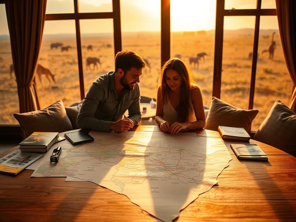 A detailed safari planning scene in Kenya. In the foreground, a wooden table with a map of Kenya, safari guides, and travel guides. In the middle ground, an adventurous couple poring over the map, discussing their itinerary. In the background, a large window overlooking the sweeping savanna, with giraffes and elephants roaming in the distance. Warm, natural lighting filters in, casting a golden glow. The overall mood is one of excitement and anticipation, capturing the thrill of planning an unforgettable Kenyan safari adventure.