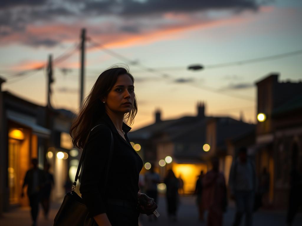 A dimly lit South African street at dusk, the sky awash in warm hues. In the foreground, a woman walks with purpose, her posture alert and her gaze watchful. She carries a small satchel, ready to respond to any potential threat. In the middle ground, passersby move about their evening routines, their faces obscured in shadow. The background is dotted with buildings, their architecture hinting at the region's cultural heritage. The scene conveys a sense of cautious exploration, with the woman's safety-conscious demeanor underscoring the need for vigilance when traveling alone in this unfamiliar environment.
