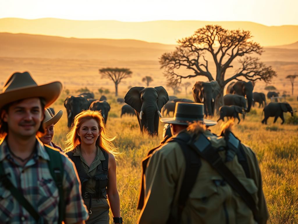 A diverse array of safari experiences across different countries, captured through a cinematic lens. In the foreground, a group of travelers in safari attire explore a lush, sun-dappled savanna, their expressions filled with wonder and anticipation. The middle ground reveals a herd of majestic elephants, their powerful forms silhouetted against a vibrant orange sky. In the distant background, rolling hills and towering acacia trees create a sense of depth and scale, evoking the vast and untamed wilderness. The scene is illuminated by warm, golden lighting, casting a soft, dreamlike glow over the entire composition. The overall mood is one of adventure, exploration, and the profound connection between humans and the natural world. A diverse array of safari experiences across different countries, captured through a cinematic lens. In the foreground, a group of travelers in safari attire explore a lush, sun-dappled savanna, their expressions filled with wonder and anticipation. The middle ground reveals a herd of majestic elephants, their powerful forms silhouetted against a vibrant orange sky. In the distant background, rolling hills and towering acacia trees create a sense of depth and scale, evoking the vast and untamed wilderness. The scene is illuminated by warm, golden lighting, casting a soft, dreamlike glow over the entire composition. The overall mood is one of adventure, exploration, and the profound connection between humans and the natural world.