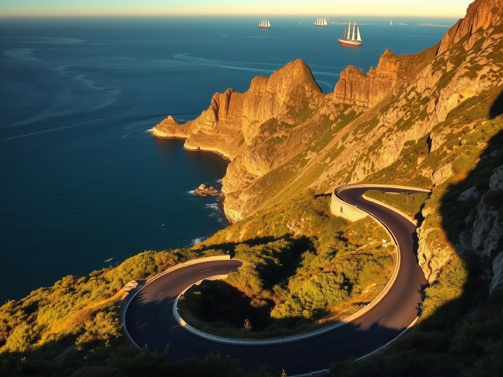 A dramatic coastal road winds along the rugged cliffs of Chapmans Peak, South Africa. In the foreground, the winding asphalt snakes through the lush, verdant vegetation, casting dramatic shadows. The middle ground showcases the towering, craggy rock formations that plunge into the deep blue ocean below, their texture and color illuminated by warm, golden sunlight. In the distance, the horizon is dotted with sailboats and ocean liners, creating a picturesque scene. The overall mood is one of tranquility and awe, capturing the majesty and natural beauty of this iconic South African landscape.