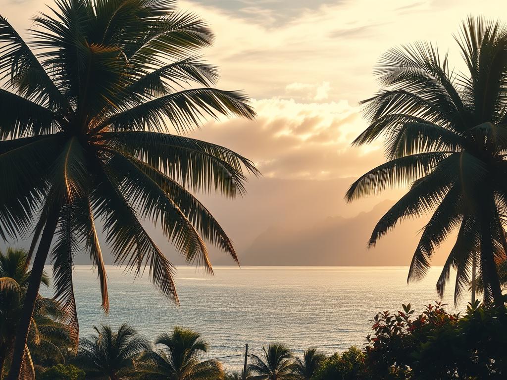 A dramatic scene of trade winds sweeping across a tropical coastal landscape. In the foreground, majestic palm trees sway gently in the breeze, their fronds casting intricate patterns of light and shadow. The middle ground features a picturesque bay, the surface of the water rippled by the steady flow of the trade winds. In the distance, rugged mountains rise up, their peaks shrouded in wispy clouds. The lighting is soft and diffused, creating a warm, golden glow that bathes the entire scene. The overall mood is one of tranquility and natural wonder, perfectly capturing the essence of the "Klima und Wetterphänomene" section of the article.