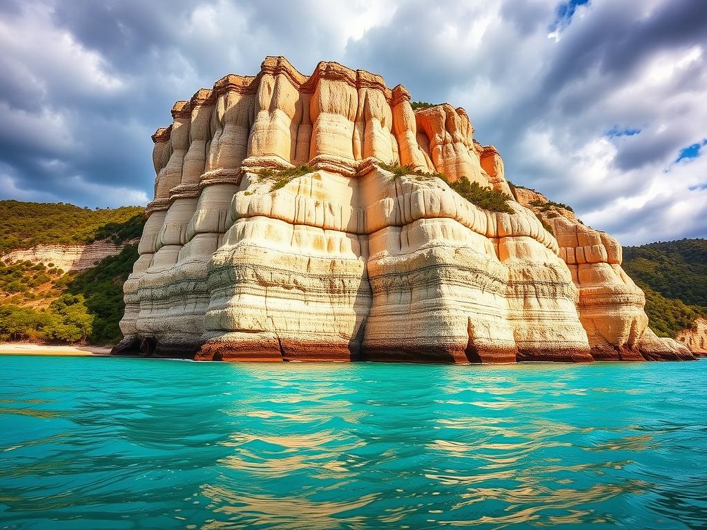 A dramatic, towering formation of white sandstone cliffs known as Wedding Cake Rock, set against the lush, verdant landscape of the Royal National Park. The sun casts a warm, golden glow across the weathered, sculptural surfaces, accentuating the rock's intricate layers and unique, tiered structure. In the foreground, a crystal-clear turquoise ocean laps gently against the base of the formation, reflecting the dramatic sky above. The overall scene exudes a sense of serene, natural wonder, perfectly capturing the essence of the Royal National Park's breathtaking geological highlights. A dramatic, towering formation of white sandstone cliffs known as Wedding Cake Rock, set against the lush, verdant landscape of the Royal National Park. The sun casts a warm, golden glow across the weathered, sculptural surfaces, accentuating the rock's intricate layers and unique, tiered structure. In the foreground, a crystal-clear turquoise ocean laps gently against the base of the formation, reflecting the dramatic sky above. The overall scene exudes a sense of serene, natural wonder, perfectly capturing the essence of the Royal National Park's breathtaking geological highlights.