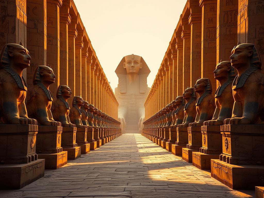 A grand, ancient avenue stretches before the viewer, lined with towering sphinx statues guarding the sacred pathway. The sun casts a warm, golden glow over the weathered limestone, casting dramatic shadows that highlight the stately, feline figures. In the distance, the iconic silhouette of the Great Sphinx of Giza rises majestically, a timeless sentinel overlooking the procession. The air is filled with a sense of reverence and wonder, as if one is walking in the footsteps of pharaohs long passed. The Sphinx Allee, a testament to the grandeur and mysticism of ancient Egyptian civilization, invites the viewer to step back in time and experience the enduring connection between these hallowed temples and the storied history they represent. A grand, ancient avenue stretches before the viewer, lined with towering sphinx statues guarding the sacred pathway. The sun casts a warm, golden glow over the weathered limestone, casting dramatic shadows that highlight the stately, feline figures. In the distance, the iconic silhouette of the Great Sphinx of Giza rises majestically, a timeless sentinel overlooking the procession. The air is filled with a sense of reverence and wonder, as if one is walking in the footsteps of pharaohs long passed. The Sphinx Allee, a testament to the grandeur and mysticism of ancient Egyptian civilization, invites the viewer to step back in time and experience the enduring connection between these hallowed temples and the storied history they represent.