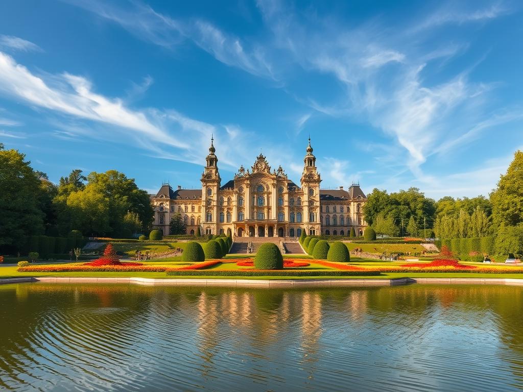 A grand palace of architectural splendor, the Königspalast stands tall amidst lush, verdant grounds. Its ornate facades glisten in the warm, golden light, with intricate carvings and ornaments adorning its towering spires. In the foreground, a tranquil pond reflects the palace's magnificence, its surface rippling gently. The middle ground features immaculately maintained gardens, where colorful flowers and neatly trimmed shrubs create a serene ambiance. In the background, a clear blue sky stretches overhead, punctuated by wispy clouds that cast soft shadows across the scene. This historic monument, a testament to the region's rich cultural heritage, evokes a sense of timeless wonder and captivates the viewer's attention.