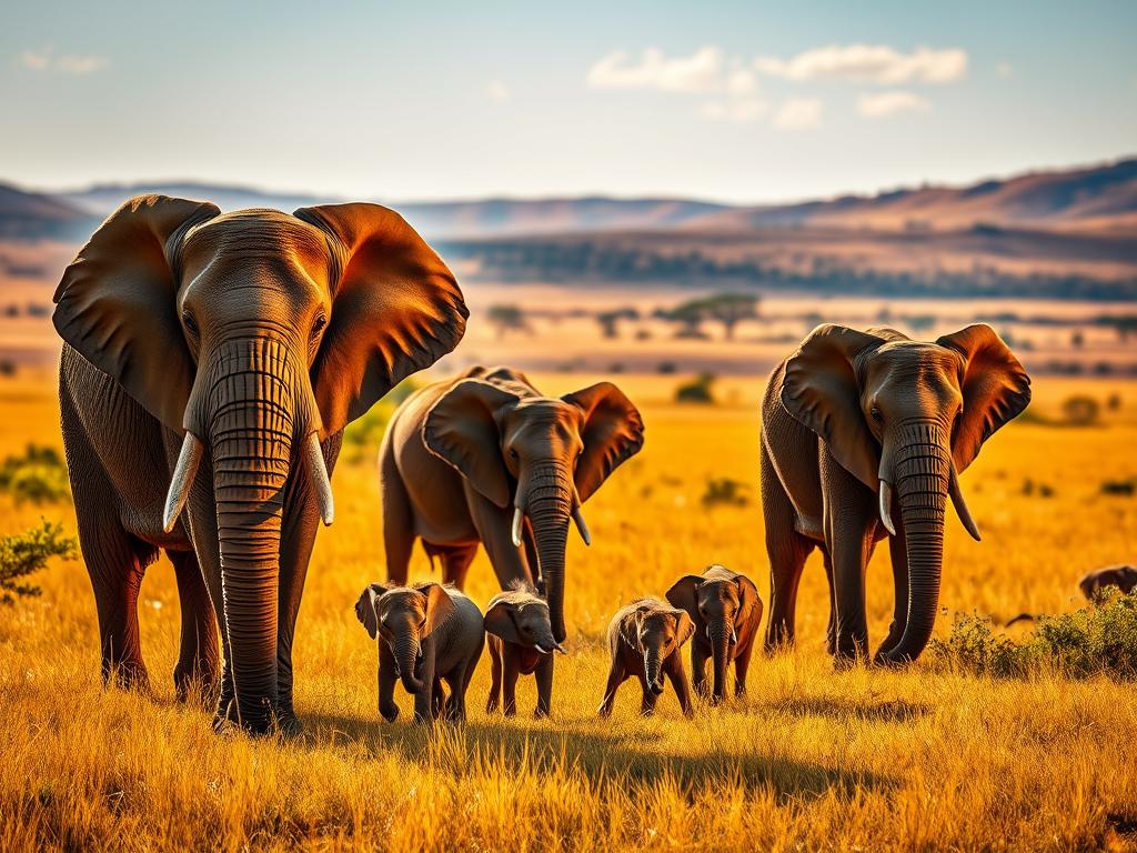 A herd of majestic African elephants roaming through the lush, golden savanna of Tarangire National Park. In the foreground, a towering matriarch leads her family, their massive bodies casting long shadows on the sun-drenched grasslands. In the middle ground, smaller calves playfully interact, their trunks entwined. The backdrop reveals a stunning panorama of the Tarangire landscape, with rolling hills and the distant silhouette of acacia trees against a cloudless, azure sky. Warm, directional lighting accentuates the elephants' wrinkled, leathery skin and gentle expressions, evoking a sense of peaceful harmony within this iconic East African ecosystem.