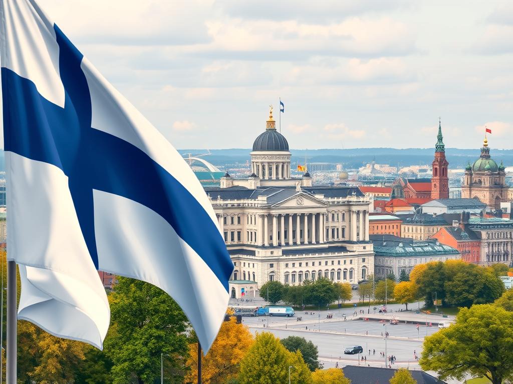 A high-resolution illustration depicting Finland's role within the European Union and its international political landscape. The foreground showcases the Finnish flag prominently displayed, symbolizing the nation's identity and presence on the global stage. In the middle ground, a detailed rendering of the European Union's parliament building or other key institutions, representing Finland's active involvement and decision-making power within the union. The background features a panoramic view of Helsinki's picturesque cityscape, with iconic landmarks like the Helsinki Cathedral and the Sibelius Monument, highlighting Finland's cultural heritage. The overall mood is one of pride, stability, and Finland's influential position as a member of the European community. Lighting is soft and warm, with a subtle cinematic quality to the scene.