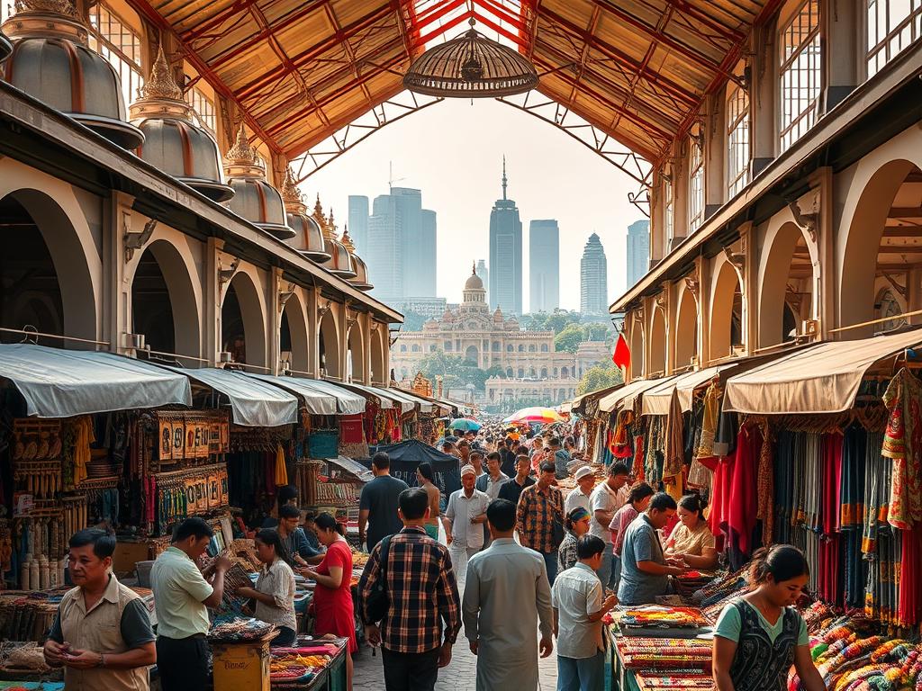 A lively and vibrant Central Market in Phnom Penh, Cambodia. In the bustling foreground, rows of colorful stalls offer an array of traditional Khmer handicrafts, textiles, and clothing. Artisans skillfully craft intricate wood carvings, vibrant silk scarves, and intricate beadwork. The middle ground showcases the market's architecture, with its distinctive French colonial-inspired domes and archways. Sunlight streams in, casting a warm glow over the energetic scene. In the background, the pulsing heart of the city can be seen, with towering skyscrapers and the iconic Royal Palace in the distance. The atmosphere is one of energy, culture, and the vibrant spirit of Cambodian life.