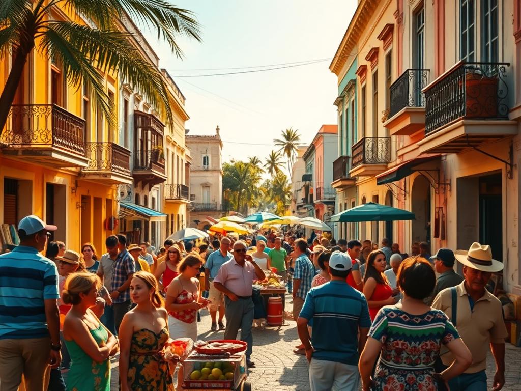 A lively street scene in a quaint Cuban town, bathed in warm, golden sunlight. In the foreground, local residents gather around a vibrant street market, their colorful clothing and lively gestures capturing the energy of daily life. Vendors offer an array of fresh produce, handmade crafts, and traditional Cuban music fills the air. In the middle ground, classic Cuban architecture with its pastel-colored facades and wrought-iron balconies frame the scene, hinting at the rich cultural heritage. The background features a glimpse of the iconic palm trees and azure Caribbean skies, creating a serene and idyllic backdrop to the bustling social activity. The overall composition evokes a sense of community, tradition, and the vibrant spirit of regional Cuban culture.