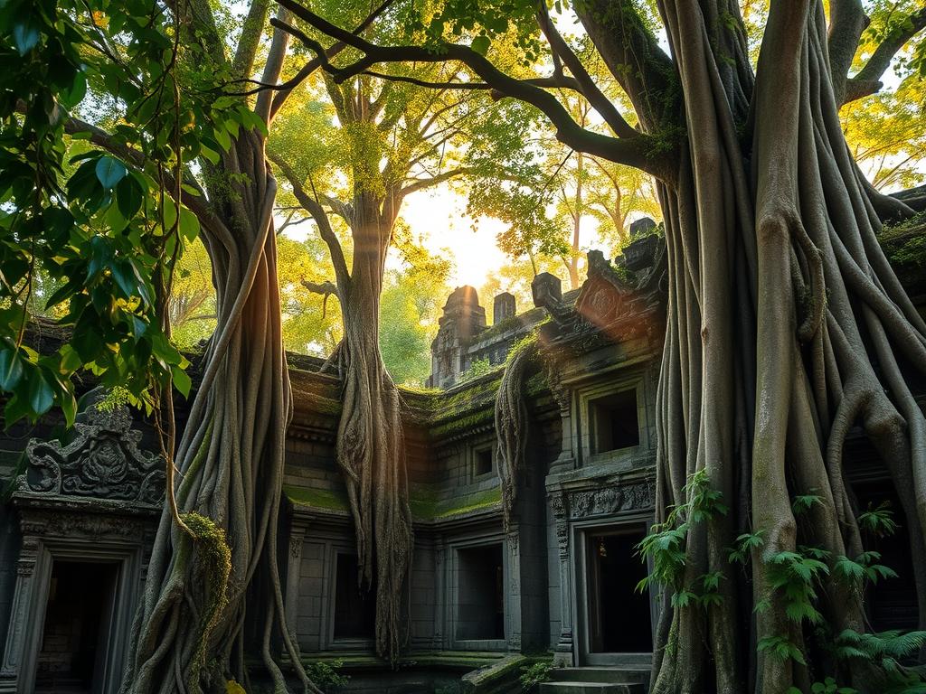 A lush, ancient jungle canopy envelops the crumbling ruins of Ta Prohm temple, its stone walls and archways reclaimed by the verdant foliage. Towering, twisted tree roots snake along the structure, intertwining with the carved stone, creating a mystical, timeless scene. Shafts of warm, golden light filter through the dense leaves, casting a soft glow on the moss-covered stones. In the foreground, ornate carvings and intricate architectural details are half-obscured by hanging vines and ferns, hinting at the temple's former grandeur. The overall atmosphere is one of enchanting decay, a perfect balance of nature's power and the enduring spirit of this sacred place.