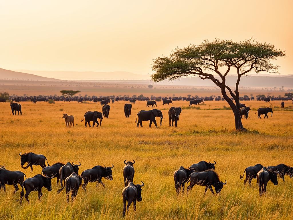 A lush, panoramic landscape of the Serengeti plains, bathed in warm, golden light during the dry season. In the foreground, a herd of wildebeests grazes peacefully, their tails swishing as they move across the tall, swaying grasses. Further back, a pack of lions rests in the shade of a lone acacia tree, their eyes vigilantly scanning the horizon. In the middle distance, a majestic herd of elephants makes its way across the savanna, their massive forms silhouetted against the vibrant sky. In the background, rolling hills dotted with clusters of trees and shrubs lead the eye towards the distant, hazy horizon. The scene exudes a sense of tranquility and timelessness, capturing the essence of the Serengeti's seasonal cycle and the optimal conditions for wildlife observation.