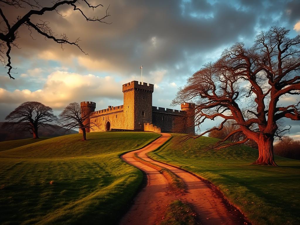 A lush, rolling landscape dominated by the imposing silhouette of Castle Ward, its weathered stone walls and towers rising majestically against a dramatic, cloud-streaked sky. In the foreground, a winding dirt path leads the viewer's eye towards the castle's entrance, flanked by ancient oak trees whose branches cast long, sinuous shadows. The scene is illuminated by a warm, golden light, hinting at the golden hour of dusk, imbuing the entire composition with a sense of timeless, romantic grandeur befitting a historic Game of Thrones filming location.