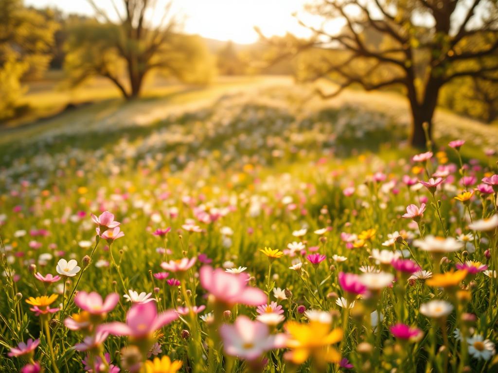 A lush spring landscape brimming with a vibrant array of wildflowers in full bloom. Bursts of color in the foreground - delicate petals in shades of pink, purple, yellow, and white sway gently in a light breeze. The middle ground features a rolling meadow dotted with clusters of blossoms, complemented by the soft, out-of-focus foliage of trees in the background. Warm, golden sunlight filters through the branches, casting a serene, ethereal glow over the scene. Capture the essence of a picturesque spring day along the Garden Route, a tranquil moment to inspire travelers during the September to November season.