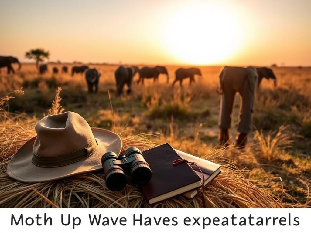 A lush, sun-dappled safari scene featuring a collection of must-have safari attire. In the foreground, a khaki safari hat, binoculars, and a rugged leather journal rest on a bed of dry grass. In the middle ground, a safari-style button-down shirt, cargo pants, and a pair of sturdy hiking boots stand out against a backdrop of tall, swaying grasses. In the distance, a herd of elephants silhouetted against a warm, golden-hour sky. The image is captured with a wide-angle lens, conveying a sense of adventure and the vast, untamed beauty of the African wilderness. A lush, sun-dappled safari scene featuring a collection of must-have safari attire. In the foreground, a khaki safari hat, binoculars, and a rugged leather journal rest on a bed of dry grass. In the middle ground, a safari-style button-down shirt, cargo pants, and a pair of sturdy hiking boots stand out against a backdrop of tall, swaying grasses. In the distance, a herd of elephants silhouetted against a warm, golden-hour sky. The image is captured with a wide-angle lens, conveying a sense of adventure and the vast, untamed beauty of the African wilderness.