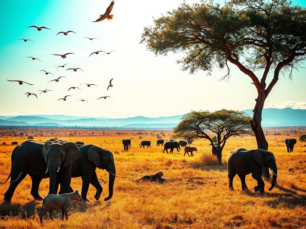 A lush, sun-dappled savanna in South Africa, the transition between the dry and rainy seasons. In the foreground, a herd of elephants majestically meanders, their massive bodies casting long shadows on the golden grasslands. Migratory birds soar overhead, their wings silhouetted against a vibrant azure sky. In the middle ground, a family of lions rests under the canopy of an acacia tree, their tawny coats glowing in the warm afternoon light. The distant horizon is dotted with undulating hills and the occasional wisp of mist, hinting at the impending rains. The scene exudes a sense of tranquility and timelessness, capturing the essence of an optimal safari experience in South Africa during this transitional period.