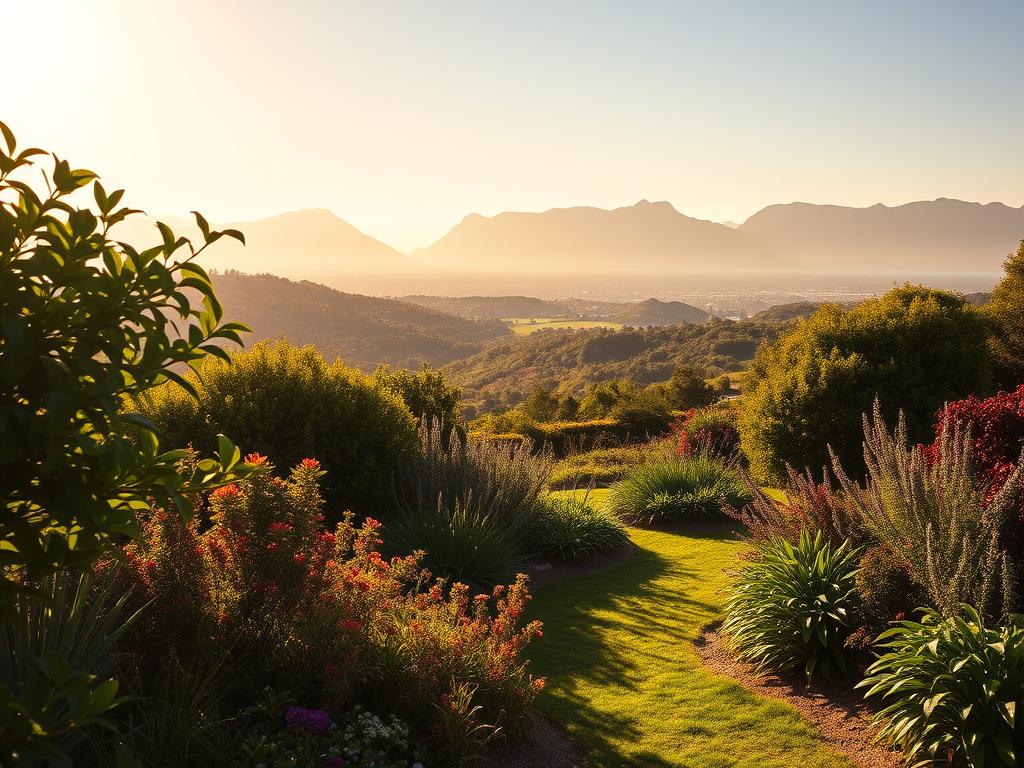 A lush, sun-dappled scene along the picturesque Garden Route, showcasing the region's diverse climatic highlights. In the foreground, a vibrant garden oasis brimming with colorful flora and fauna. A gentle breeze rustles the leaves, casting playful shadows on the path. The middle ground reveals rolling hills blanketed in verdant vegetation, with distant mountains silhouetted against a warm, golden sky. Soft, diffused lighting creates a serene, inviting atmosphere, capturing the essence of this captivating coastal region. A wide-angle lens captures the breadth of the landscape, inviting the viewer to immerse themselves in the tranquil, natural splendor of the Klima Garden Route.