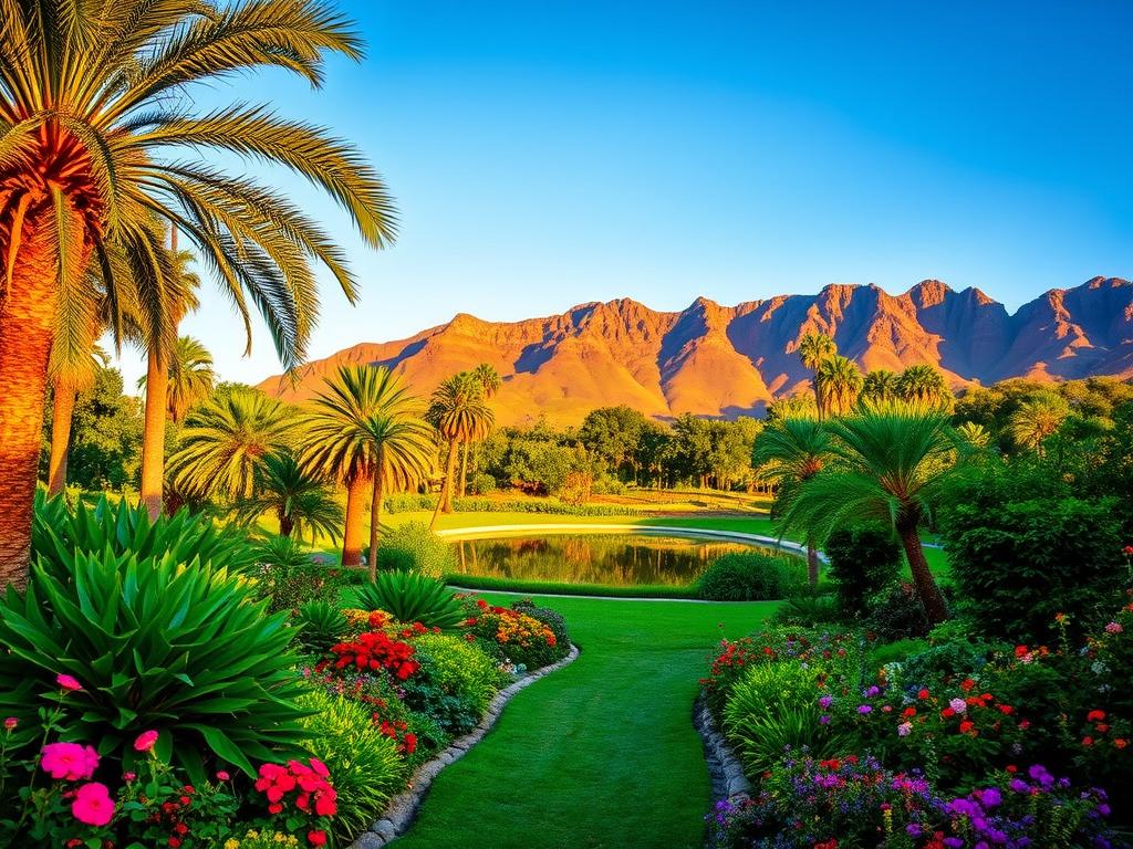 A lush, verdant garden nestled along the picturesque Garden Route, bathed in the warm, golden glow of the afternoon sun. In the foreground, a winding path leads through a tapestry of vibrant flowers and towering palm trees, inviting the viewer to explore. The middle ground features a tranquil pond, its surface reflecting the surrounding foliage and the clear, azure sky above. In the distance, rugged mountains rise up, creating a dramatic backdrop to this serene natural oasis. The atmosphere is one of calm and rejuvenation, perfectly capturing the essence of the best time to experience the Garden Route's breathtaking beauty.