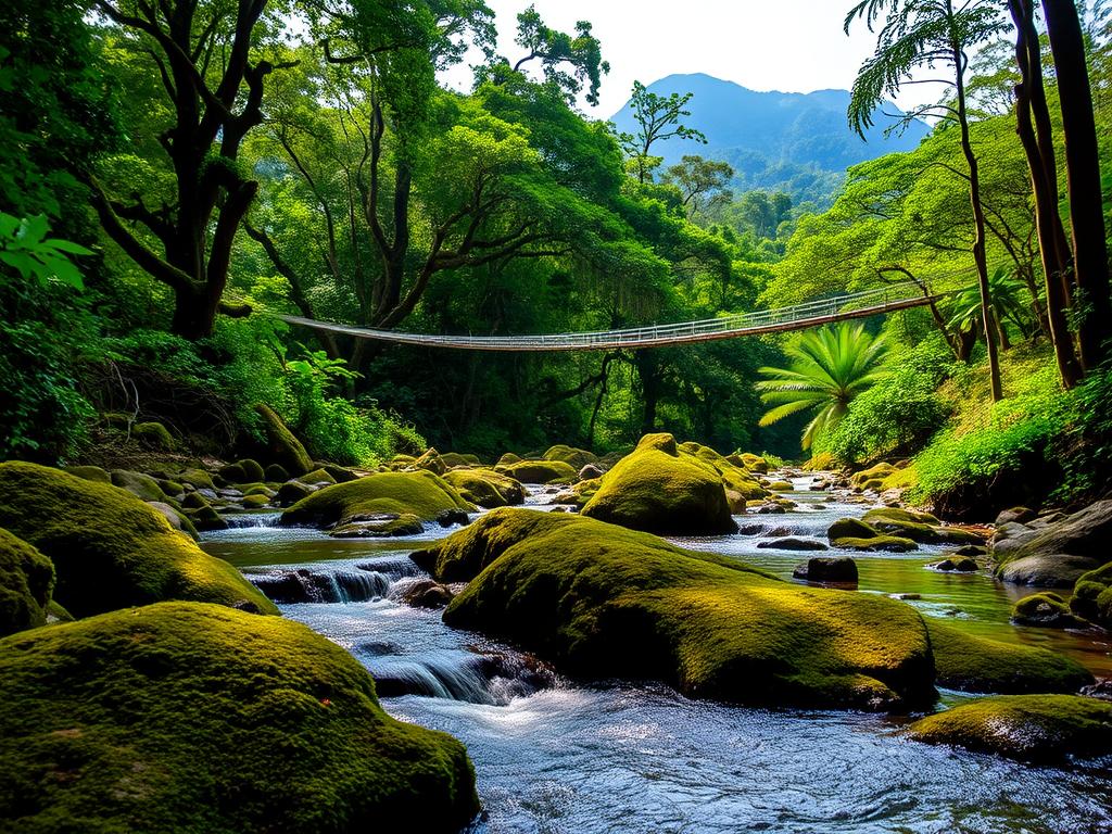 A lush, verdant landscape of the Taman Negara National Park, Malaysia's oldest and largest national park. In the foreground, a crystal-clear stream gently winds through a mossy, rocky bank, with sunlight dancing on the water's surface. Beyond, towering ancient rainforest trees stretch towards the sky, their canopies creating a warm, filtered light. In the middle ground, a suspension bridge sways gently, inviting visitors to explore the park's hidden trails and secrets. In the distance, a misty mountain range rises, cloaked in a veil of green. The scene exudes a sense of tranquility and wonder, capturing the essence of this natural paradise.