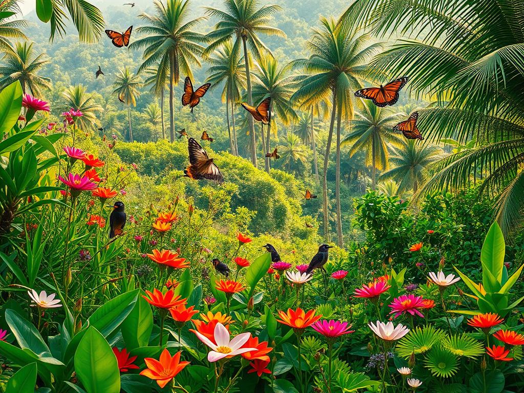 A lush, verdant landscape teeming with vibrant flora and fauna of Península Hicacos, Cuba. In the foreground, a kaleidoscope of colorful tropical flowers and plants in bloom, their petals and leaves gently swaying in a soft breeze. In the middle ground, a diverse array of birds and butterflies flit through the air, their intricate patterns and movements capturing the natural beauty of the region. The background reveals a serene, sun-dappled forest, its towering palm trees and verdant canopy creating a sense of tranquility and seclusion. The lighting is warm and golden, casting a glow over the entire scene and evoking the sun-drenched splendor of Varadero. Captured with a wide-angle lens to showcase the breadth and depth of this natural paradise.