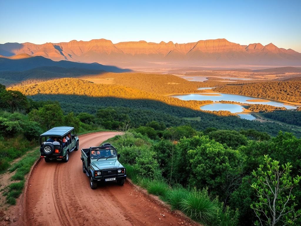 A lush, verdant landscape unfolds, showcasing the diverse wonders of the Garden Route in South Africa. In the foreground, a classic safari vehicle navigates a winding dirt path, its passengers eager to catch a glimpse of the region's abundant wildlife. The midground features a picturesque combination of rolling hills, dense forests, and shimmering lakes, creating a serene and inviting atmosphere. In the distance, majestic mountains rise, their peaks bathed in golden afternoon light, setting the stage for an unforgettable adventure. The scene is captured with a wide-angle lens, highlighting the breathtaking scale and beauty of this natural paradise. The overall mood is one of exploration, tranquility, and the thrill of discovering the hidden gems of this remarkable destination.
