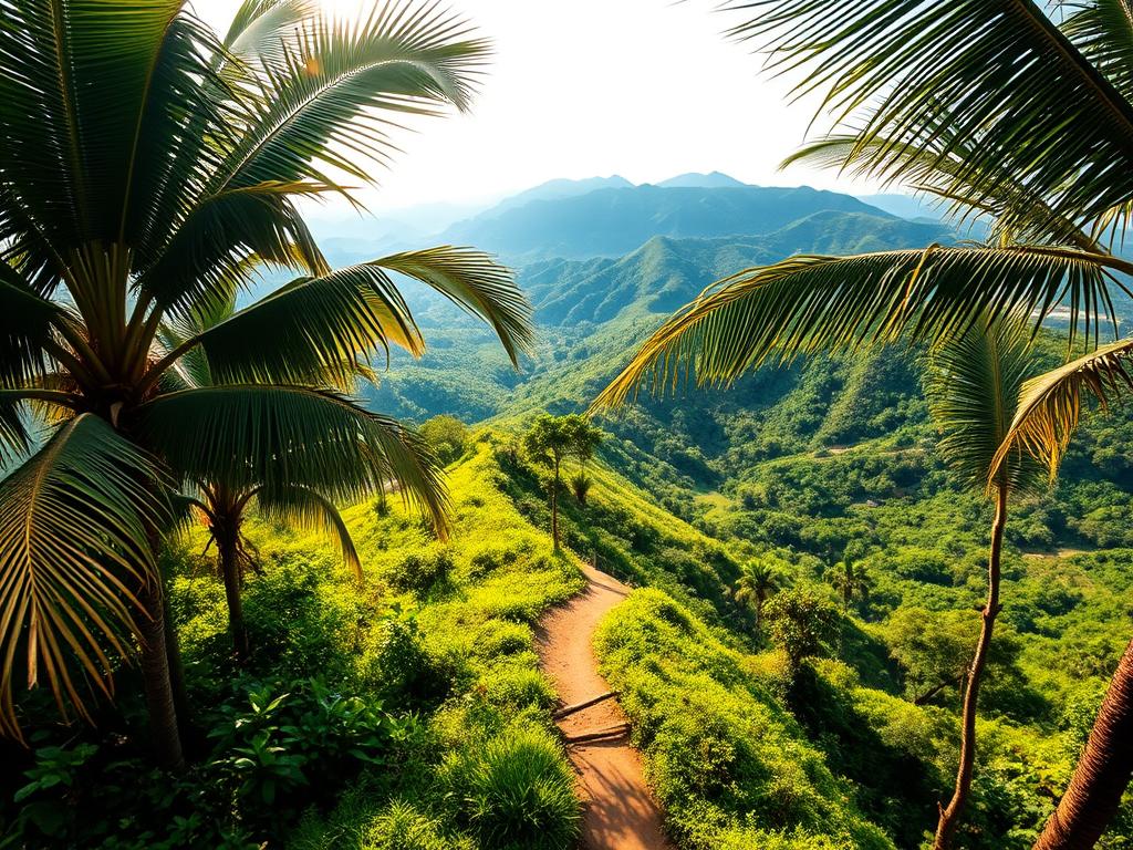 A lush, verdant ridge winding through the heart of Bali's untamed wilderness. Sunlight filters through the canopy, casting a warm, golden glow over the meandering trail. In the foreground, towering palm fronds sway gently in the breeze, their shadows dancing across the path. Distant hills and valleys unfold, blanketed in a patchwork of vibrant green foliage. A serene, natural haven where the boundaries between earth and sky blur, inviting the explorer to immerse themselves in the tranquil beauty of this Balinese landscape. Wide-angle lens captures the sweeping panorama, the scene evoking a sense of awe and connection with the island's pristine wilderness.