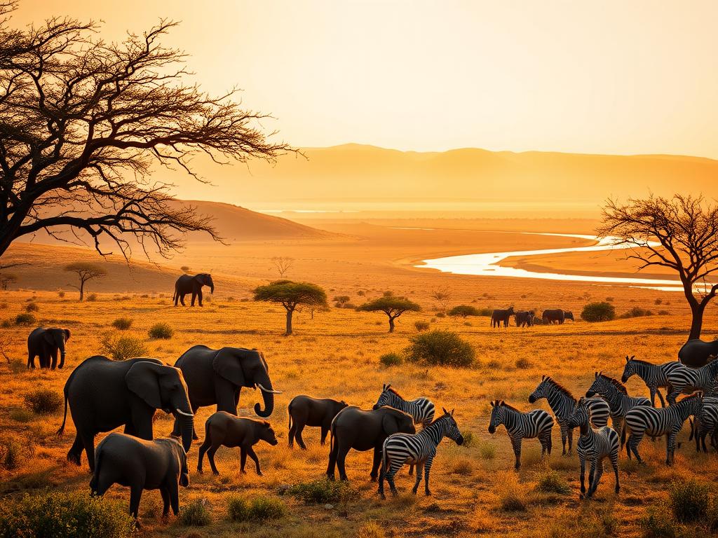 A lush, vibrant African savanna in the golden hour. In the foreground, a diverse group of animals - a family of elephants, a pride of lions, a herd of zebras - engage in various natural behaviors, captured in a sense of tranquility and wonder. The middle ground features rolling hills dotted with acacia trees, their branches casting long shadows. In the distance, a meandering river reflects the warm, amber-hued sky, creating a serene and picturesque scene. The overall mood is one of immersive, idyllic safari adventure, showcasing the wealth of seasonal activities and experiences to be had in the South African wilderness.