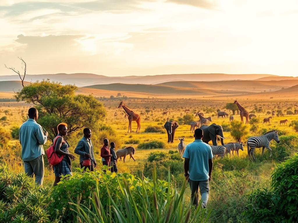 A lush, vibrant Kenyan landscape with a focus on conservation efforts. In the foreground, local community members engage in sustainable ecotourism activities, such as guided nature walks and wildlife monitoring. The middle ground features a thriving ecosystem with diverse flora and fauna, including iconic African animals like elephants, giraffes, and zebras. In the background, rolling hills and a distant mountain range create a sense of grandeur and natural harmony. The scene is bathed in warm, golden light, conveying a spirit of tranquility and environmental stewardship. The overall mood is one of harmony between people, wildlife, and the land, highlighting Kenya's commitment to responsible, sustainable tourism.