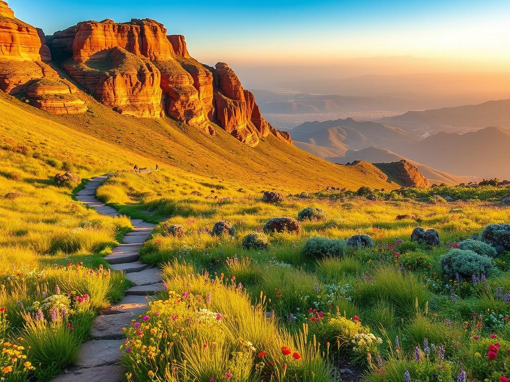 A lush, vibrant landscape of the Golden Gate Highlands National Park in South Africa, captured during the optimal travel season. In the foreground, a winding hiking trail leads through a meadow of colorful wildflowers, bathed in warm, golden sunlight. In the middle ground, rugged sandstone cliffs rise up, their layers of sediment creating a striking visual contrast. In the background, a panoramic vista of rolling hills and distant mountain peaks, shrouded in a soft, hazy atmosphere. The scene conveys a sense of peaceful tranquility, inviting the viewer to experience the park's natural beauty and favorable weather conditions. A lush, vibrant landscape of the Golden Gate Highlands National Park in South Africa, captured during the optimal travel season. In the foreground, a winding hiking trail leads through a meadow of colorful wildflowers, bathed in warm, golden sunlight. In the middle ground, rugged sandstone cliffs rise up, their layers of sediment creating a striking visual contrast. In the background, a panoramic vista of rolling hills and distant mountain peaks, shrouded in a soft, hazy atmosphere. The scene conveys a sense of peaceful tranquility, inviting the viewer to experience the park's natural beauty and favorable weather conditions.