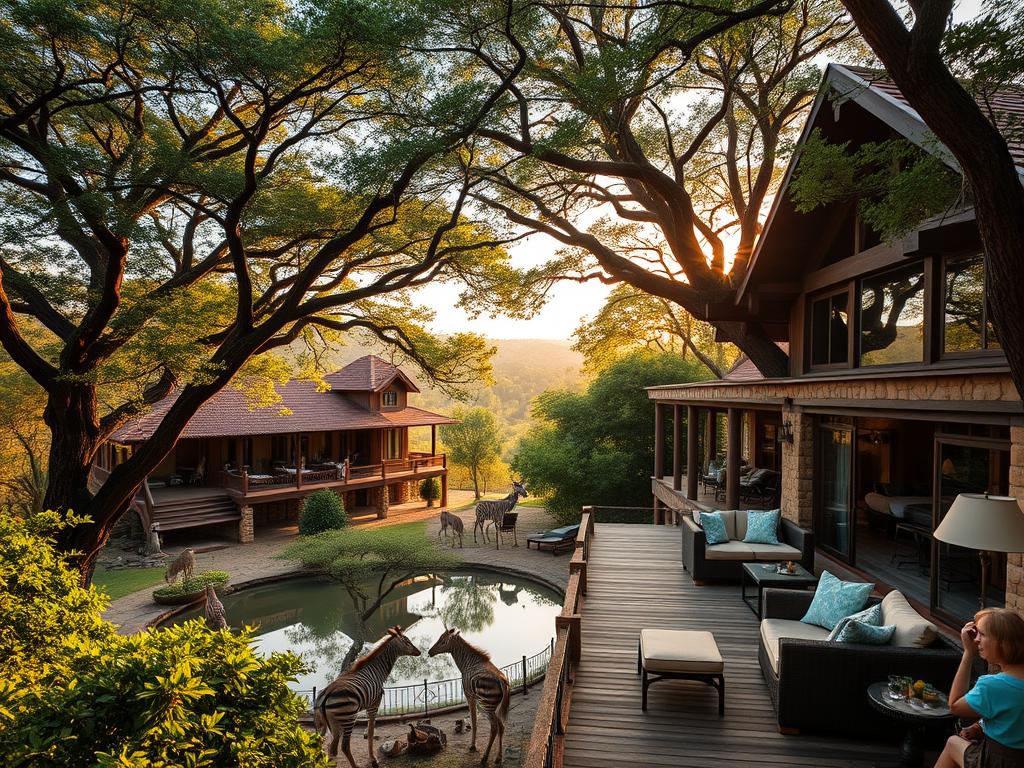 A luxurious African wilderness lodge nestled amidst lush, verdant foliage. The main building features a warm, rustic exterior of natural stone and timber, blending seamlessly with the surrounding landscape. Guests lounge on the expansive wooden deck, overlooking a tranquil watering hole where zebras and giraffes gather. Soft, golden light filters through the canopy of ancient trees, creating a serene, inviting atmosphere. The interior exudes an elegant, yet cozy ambiance, with plush furnishings, exposed beams, and large windows that frame the untamed beauty outside. A haven of comfort and luxury in the heart of the African wilderness.